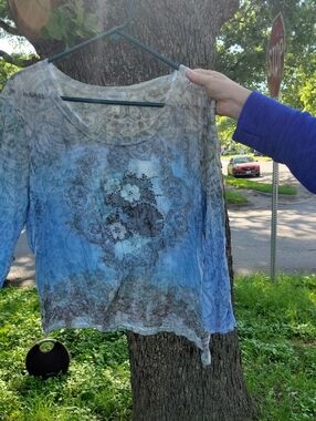 Dress Barn Blue Ombre Floral Three-Quarter Sleeve Top with Sequin Detail